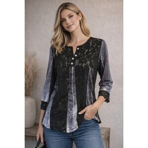 Black Lace Panel Blouse Mixed Media Button Front Womens Large